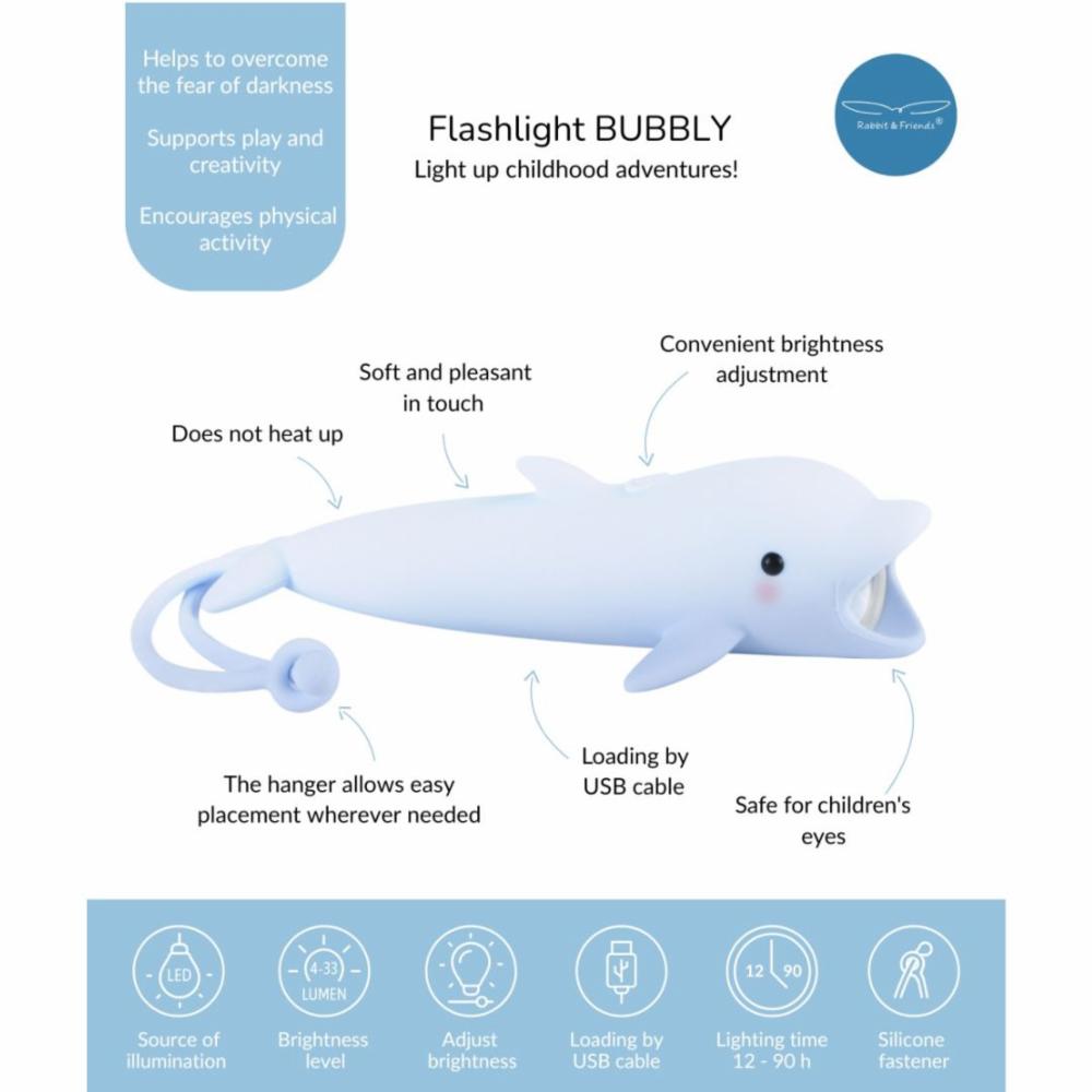 Rabbit&Friends Silikoninen Lasten Taskulamppu - Delfiini