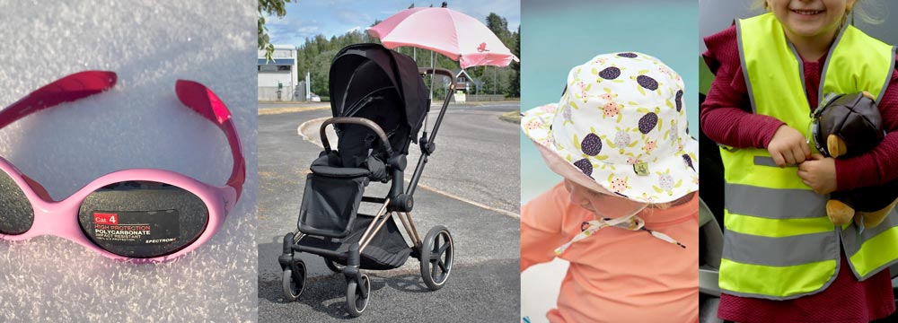 Lastentarvikkeelta aurinkolasit, auringonvarjo rattaisiin, lasten UV-suojavaatteet ja heijastavat liivit turvalliseen ulkoiluun.