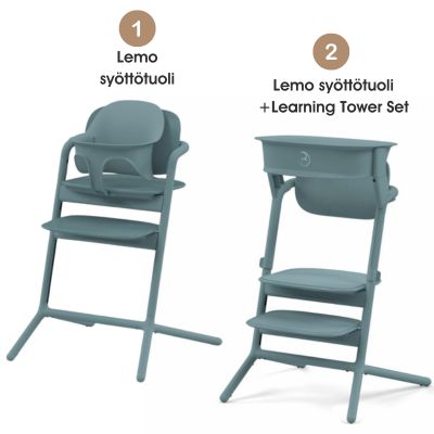 Cybex Lemo syöttötuolista saa muokattua oppimistornin erikseen myytävän Lemo Learning Tower -lisäosan avulla.