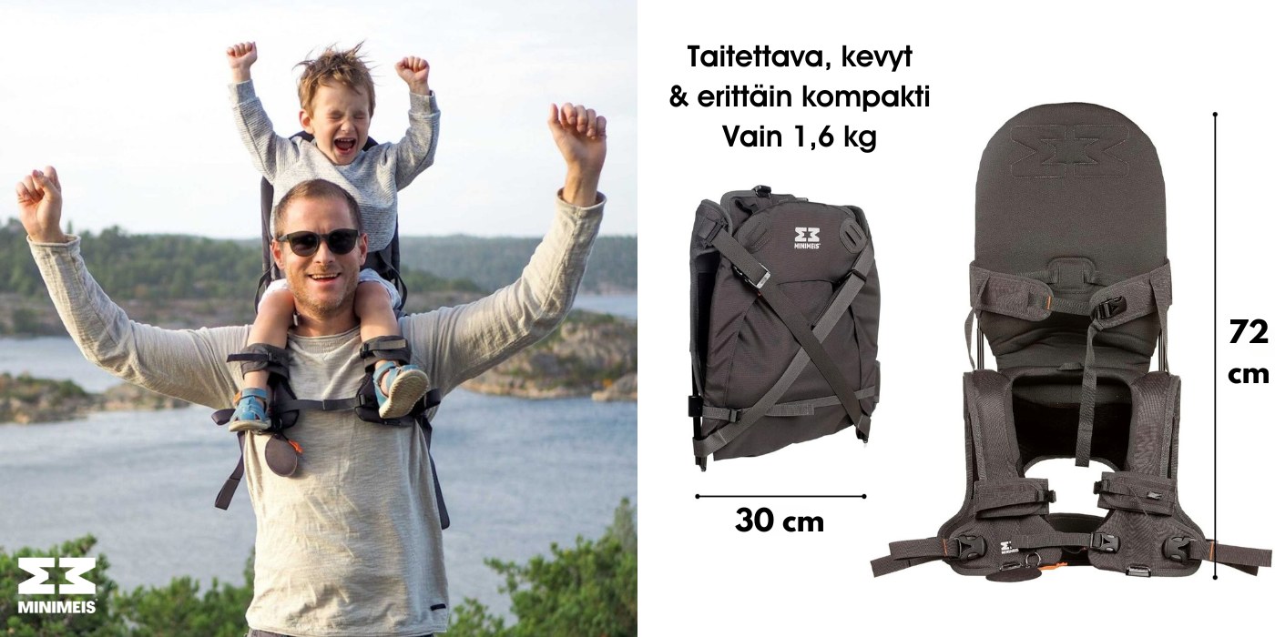 Kompakti ja kevyt MiniMeis taittuu kasaan kuin läppäri, joten se on helppo pakata ja kuljettaa mukana perheen retkillä.