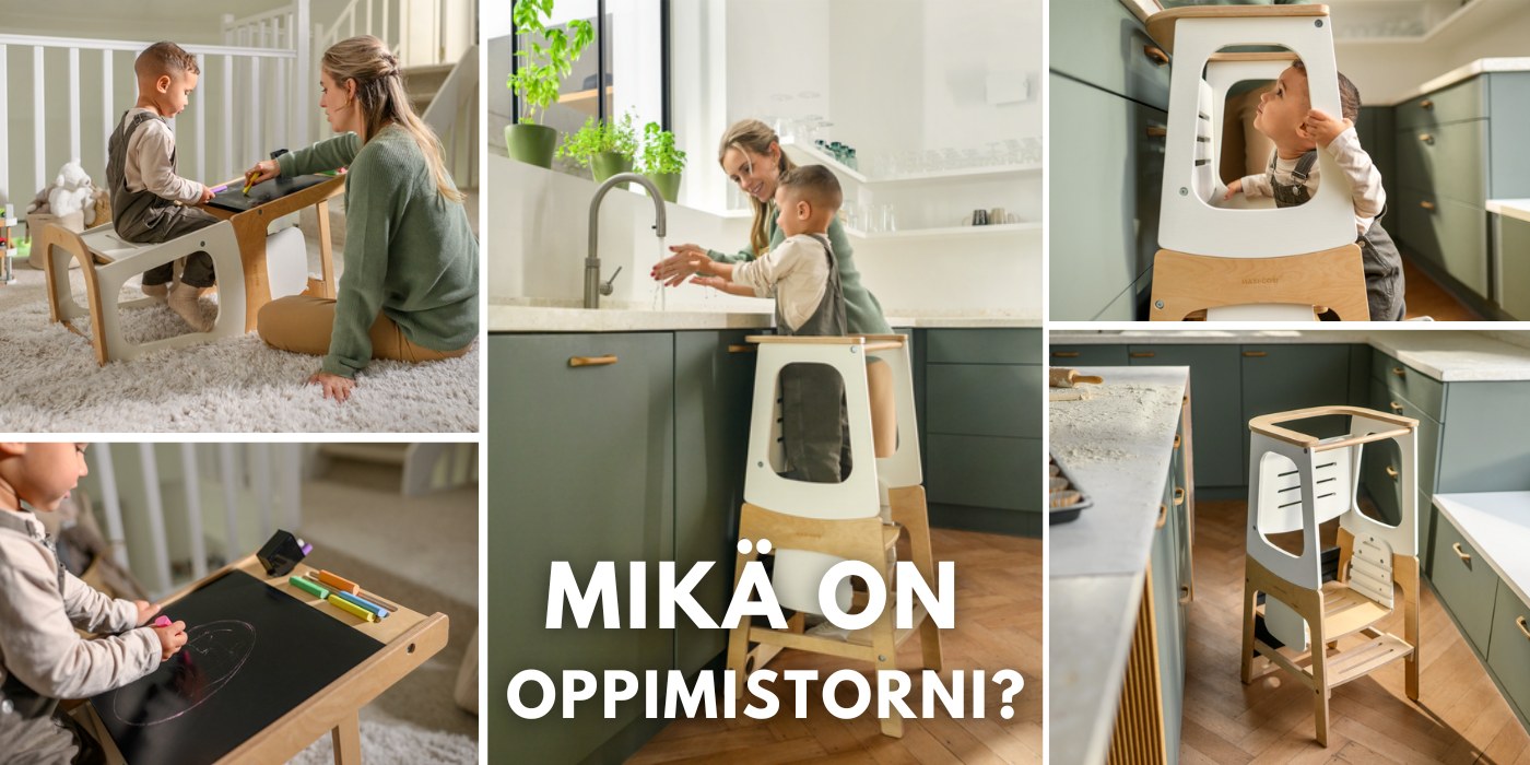 Oppimistorni antaa lapsen osallistua perheen askareihin keittiöntasolla tai pöydällä vanhemman vierellä. Lapsi voi kiivetä turvallisesti korokkeelle tukevien laitojen avulla ja harjoitella aikuisen kanssa esim. ruuanlaittoa, leipomista, jouluaskartelua ja muuta kivaa.