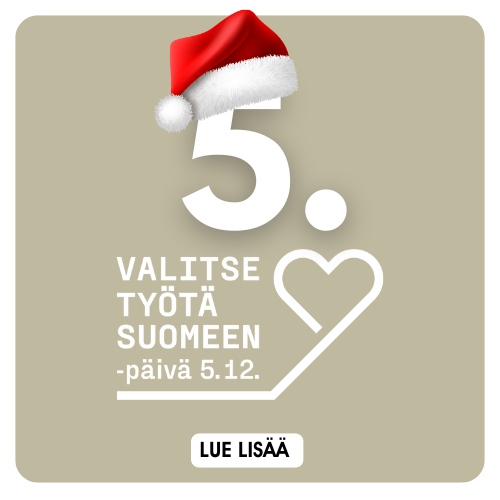 Joulukalenteri luukku 5. - Valitse työtä Suomeen -päivää juhlitaan tänään 5.12. Lastentarvike on 100% kotimainen perheyritys - meillä tuetaan suomalaista työtä. Lue lisää päivästä täältä Suomalaisen Työn Liiton -sivuilta.