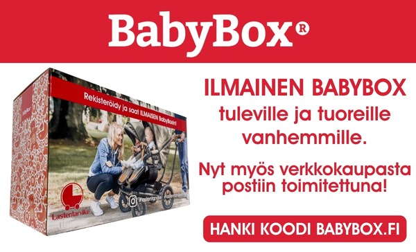 Rekisteröidy täällä Babybox.fi -sivuilla, nappaa koodi ja nouda ilmainen BabyBox lähimmästä Lastentarvikkeesta, tai tilaa nyt verkkokaupasta!