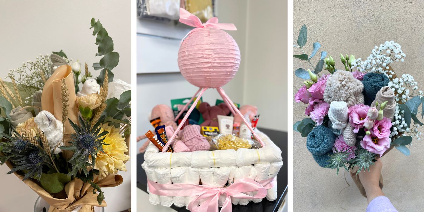 Tässä esimerkkejä tekemistämme vaippakakuista ja babyshower -kukkakimpuista, joissa kukkien mukaan on rullattu ihania lahjoja vauvalle. Vaippakakut ja lahjakimput voivat olla hyvinkin erilaisia riippuen toiveistasi.