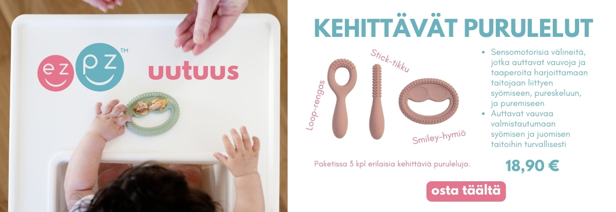 Uudet ezpz kehittävät purulelut on suunniteltu vauvalle kehittämään kiinteän ruuan syömiseen ja puheen kehitykseen tarvittavia lihaksia ja taitoja. Lue lisää täältä.