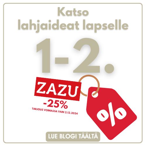 Joulukalenteri luukku 1.-2. Lahjaideat lapselle ja Zazu -25%. Tarjous voimassa vain 2.12.2024
