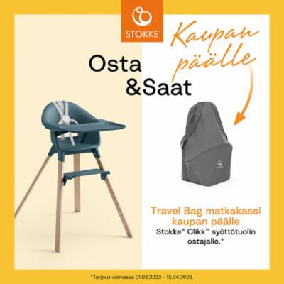 Stokke Clikk -syöttötuoli ja ilmainen Travelbag